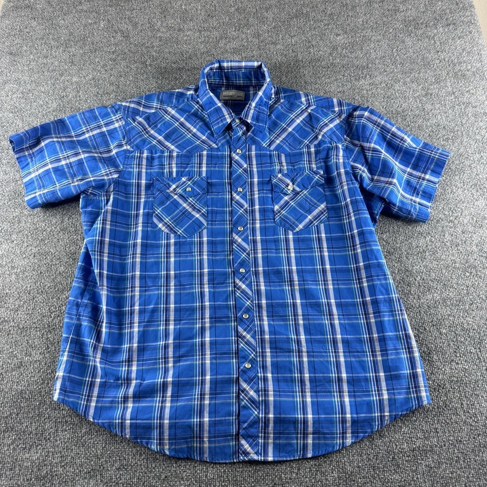 Wrangler Western Shirt Mens XL Blue Plaid Short Sleeve Pearl Snap Rodeo 137-7988